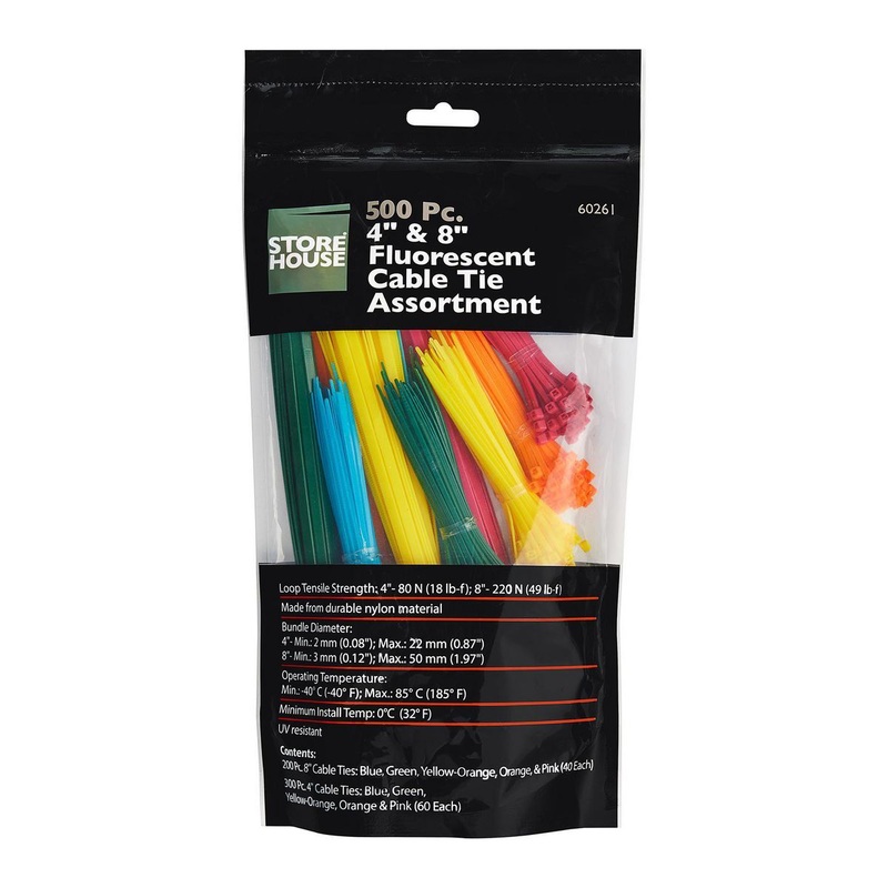 STOREHOUSE 4 in. & 8 in. Fluorescent Cable Tie Assortment, 500 Pack